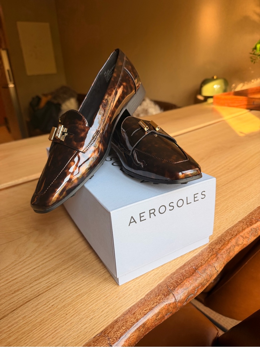 AEROSOLES Glossy Brown Patent Slip-On Loafers with Gold Accent